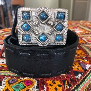 Gorgeous Western Style belt: Rectangular Silver Buckle with blue natural stones